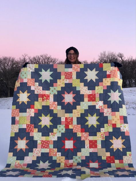 Brightly patchwork quilt with stars set on a blue chambray background Brightly Quilt, Quilting By Hand, Patchwork Quilting Designs, Slow Sunday, Cluck Cluck Sew, Layer Cake Quilts, Scrap Quilt Patterns, Tree Quilt, Star Quilt Patterns