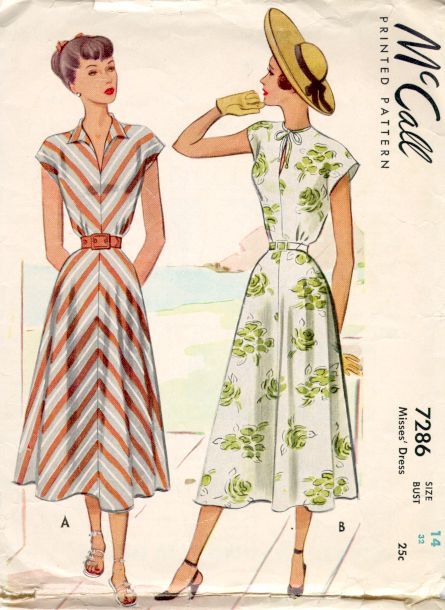 It is easy to see the beginnings of 1950s “New Look” styling in this 1948 pattern by McCall’s. The skirts are fuller, and the focus is on the waist. This is especially noticeable on the dress with the diagonal stripes emphasizing the hourglass shape. New Look Dress Patterns, 40s Mode, 1940s Dress Pattern, Áo Blu, New Look Dresses, Vestidos Retro, Fashion 1940s, New Look Fashion, Robes Vintage