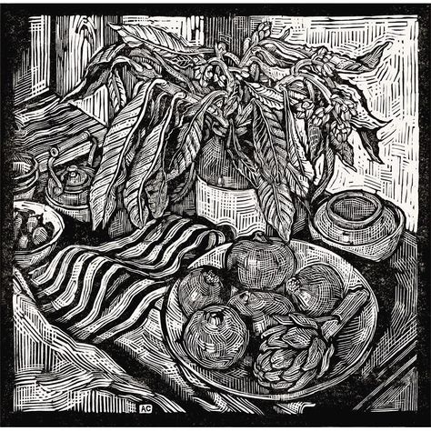 INK ON BLOCK on Instagram: “Linocut by Andrew Crooks (Australian), 'Still Life with Red Onions and an Artichoke' • *Found on andrewcrooks.com.au • #andrewcrooks” Linocut Artists, Relief Printmaking, Linoleum Print, Linocut Printmaking, Linocut Art, Woodcuts Prints, Relief Print, Wood Engraving, Human Condition