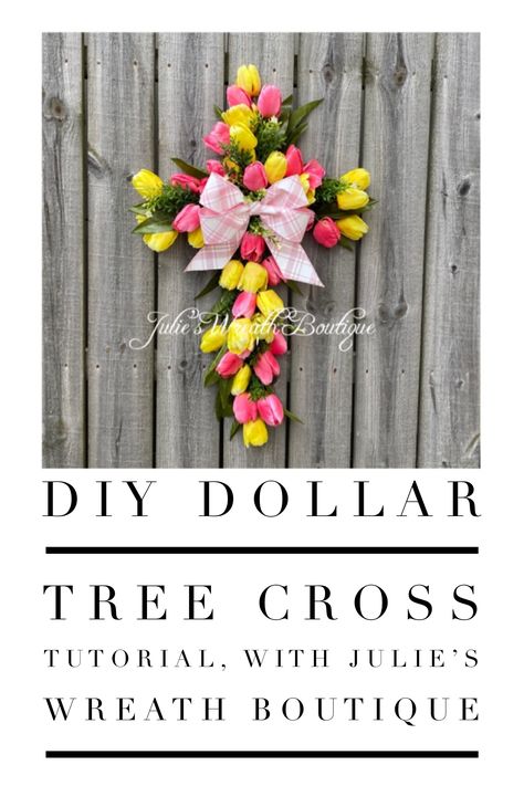 Make your own wreath with a Dollar Tree Cross Frame. DIY Wreath, Wreath Tutorial, In Memory Wreath, Tulip Wreath DIY, Tulips, Easter Wreath, Easter Decor, Spring Wreath, Spring 2020, Blooms, Home Decor Wreath, #diyprojects #diydecor #curbappeal #Julieswreathboutique Diy Dollar Tree Cross, Cross Wreath Tutorial, Dollar Tree Cross, Tulip Wreath Diy, Easter Wreath Cross, Cross Wreath Diy, Make Your Own Wreath, Easter Wreath Diy, Diy Spring Wreath