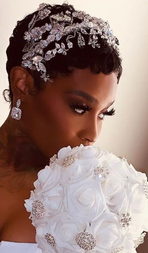 Bridal Pixie Hairstyles For Black Women, Twa Wedding Hairstyles, Finger Wave Bridal Hair, Wedding Hairstyles Black Women With Veil, Pixie Hairstyles For Wedding, Veils For Short Hair, Black Brides Hairstyles, Tiana Wedding, Short Hair Bride