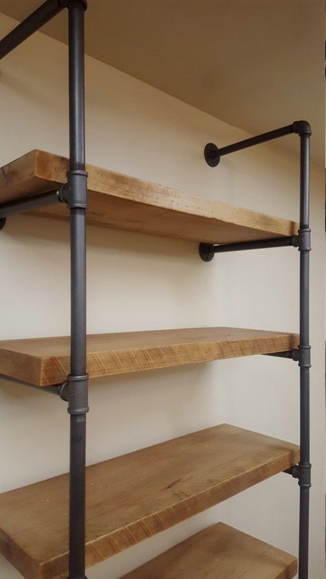 Wood And Pipe Shelves, Pipe Shelving, Reclaimed Wood Desk, Industrial Pipe Shelves, Kabinet Dapur, Wood Pipe, Pipe Furniture, Pipe Shelves, Diy Desk