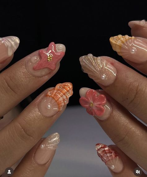 Seashell Nails, Beachy Nails, Girly Acrylic Nails, Summery Nails, Really Cute Nails, Nagel Inspo, Cat Kuku, Beach Nails, Funky Nails