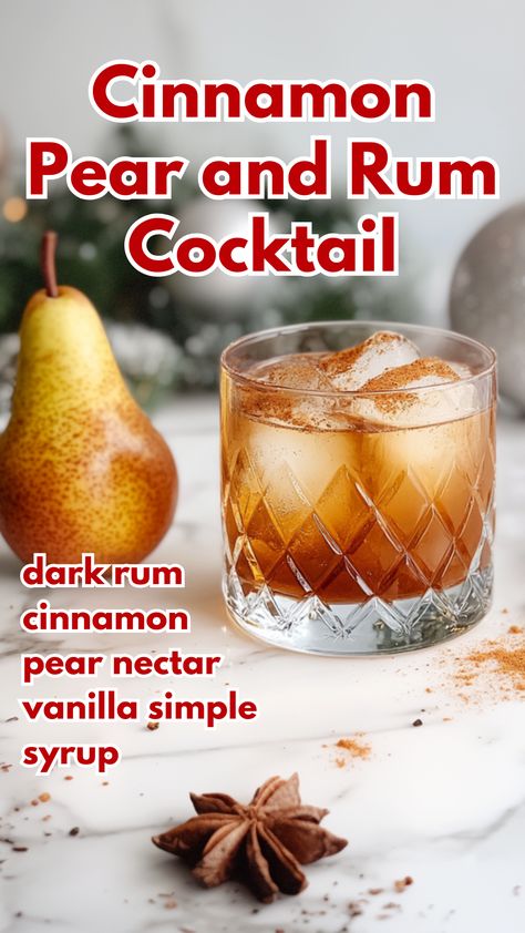 Cinnamon Pear and Rum Cocktail Pear Cocktail Recipes, New Years Drinks Cocktails, Cinnamon Cocktails, Breakfast Cocktail, Cinnamon Cocktail, Pear Nectar, New Year's Drinks, Pear Cocktails, Xmas Drinks