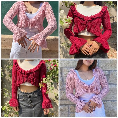 Crochet pattern, crochet cardigan, crochet top, spring cardigan, cottage core, vintage cardigan, lace cardigan, intermediate pattern, size inclusive pattern, handmade, crocheting, slowfashion, crochet design Crochet Cardigan With Ruffles, Single Crochet Cardigan, Crochet Ruffle Cardigan, Crochet Pink Ideas, Cottage Core Crochet Patterns, Crochet Tie Front Cardigan, Aesthetic Peach, Cottage Core Vintage, Spring Cardigan