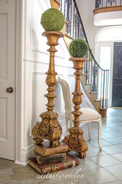 huge altar candle holders came out of an antique market - pic as inspiration to make similar floor candle holders; use urns and lamp parts to make them Floor Candle Holders Tall, Tuscany Decor, Outdoor Candle Holders, Candle Stick Decor, Floor Candle Holders, Tall Candle Holders, Floor Candle, Unique Floor Lamps, Antique Candles