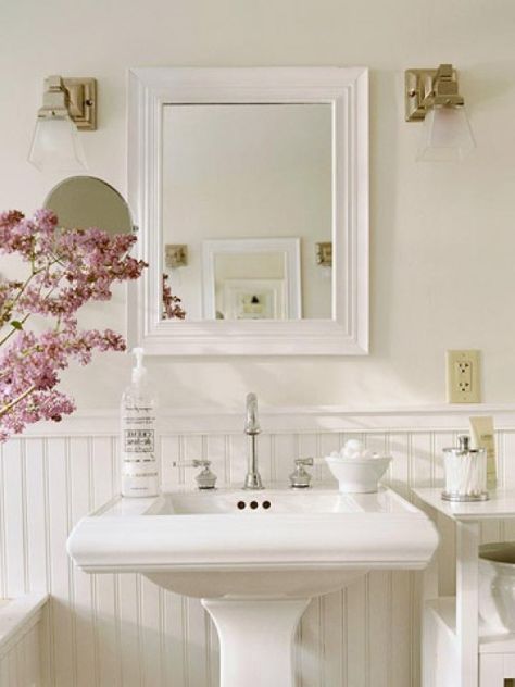 coastalliving.com   We have been working away on a little bathroom project over here-  I'm not ready to share it yet...  It is so close...... Small Country Bathrooms, Small Country Bathroom, Cottage Bathroom Inspiration, French Country Decorating Bathroom, French Bathroom Decor, Country Bathroom Designs, Country Style Bathrooms, Small Farmhouse Bathroom, Cottage Style Bathrooms