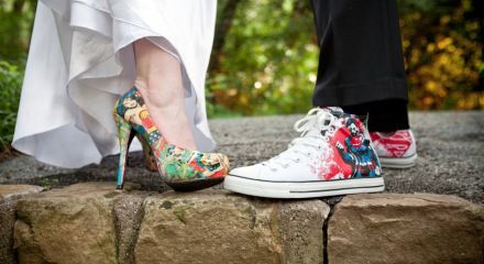 Ashley, I am NOT wearing heels!! Maybe the whole wedding party gets custom Marvel Chucks? K ♠️ D Marvel Wedding Theme, Superhero Wedding Theme, Superman Wedding, Comic Wedding, Marvel Wedding, Comic Book Wedding, Batman Wedding, Lego Wedding, Nerd Wedding