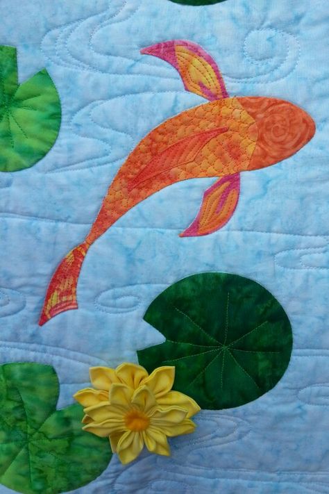 Happydaysquilting Koi Quilt, Underwater Quilt, Lily Pad Quilt Pattern, Koi Pond Quilt, Frog Pond Quilt, Hawaiian Applique Quilt, Underwater Theme, Japanese Quilts, Picture Quilts