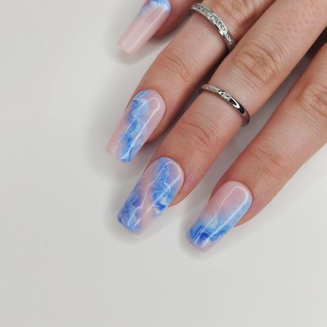 Blue Smoky Marble Wave, Press on False Nails, Sea Foam Ocean Swirl, Almond Coffin Stiletto Square, Long Short Gloss Matte, French Tip Ombre by BodaciousNails on Etsy Blue Nails Swirl, Elegant Beach Nails, Matte Marble Nails, Matte French Tip, French Tip Ombre, Nail Art Bleu, Holiday Acrylic Nails, Blue Coffin Nails, Baby Blue Nails