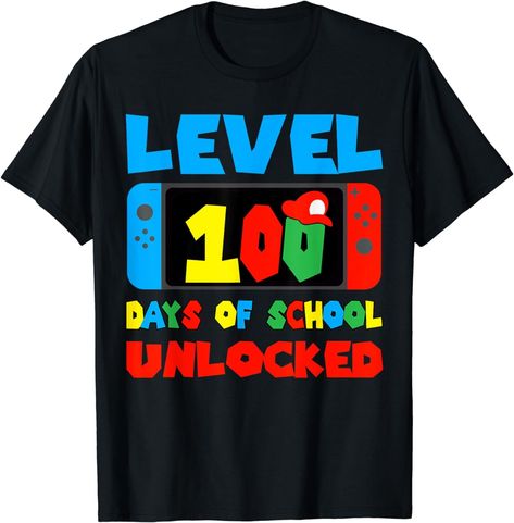 Amazon.com: Level 100 Days Of School Unlocked Video Games Boys Gamer T-Shirt : Clothing, Shoes & Jewelry 100th Day Of School Kindergarten, 100th Day Shirt, 100 Days Of School Ideas, School Shirt Ideas, Happy 100th Day Of School, 100 Days Smarter, Funny Costume, Number 100, 100 Days Of School Shirt