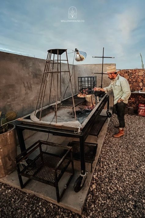 Our outdoor cooking setup is phenomenal. The centerpiece is definitely our open-fire Argentinian-style grill from Mill Scale Metal Works! Open Grill Restaurant, Outdoor Cottage Kitchen, Kitchen Grill Design, Argentinian Grill, Open Flame Cooking, Asado Grill, Brick Bbq, Wood Fired Cooking, Open Fire Cooking