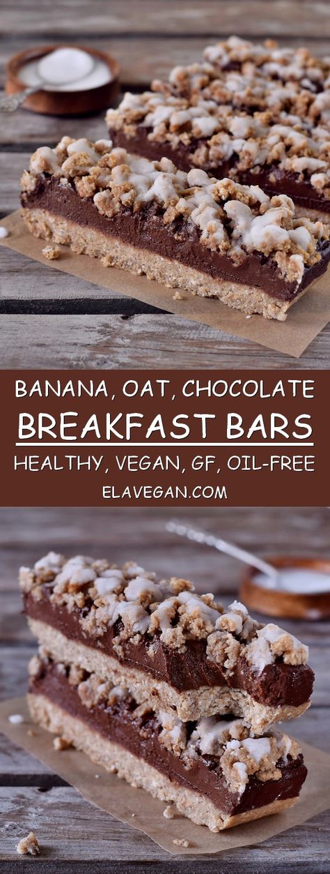 These oat breakfast bars are vegan, gluten-free and easy to make. If you need a healthy inspiration for breakfast then check out this delicious recipe. These crumb bars contain mainly oats, bananas, and dates Oat Breakfast Bars, Chocolate Oatmeal Bars, Oat Breakfast, Breakfast Bars Healthy, Crumb Bars, Vegetarian Nutrition, Chocolate Breakfast, Healthy Bars, Healthy Inspiration