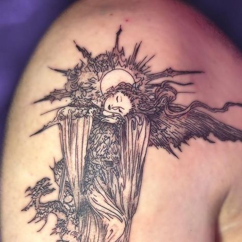 Anime Angel Tattoo, Final Fantasy X Tattoo Ideas, Ff9 Tattoo, Ff15 Tattoo, Ff7 Tattoo Ideas, Ifrit Tattoo, Aerith Tattoo, Final Fantasy X Tattoo, Ffxv Tattoo