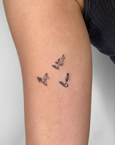 Shadow Tatoos Ideas, Tiny People Walking Tattoo, Mini People Tattoo, Fine Line People Tattoo, Tiny Person Tattoo, Siloutte Tatoos, Matisse Inspired Tattoos, People Walking Tattoo, Letting Go Tattoos