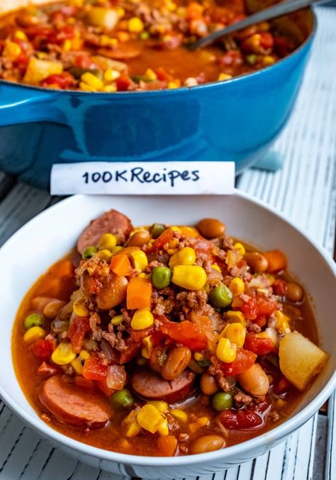 Texas Cowboy Stew Recipe | { 100K Recipes } Texas Stew, Texas Cowboy Stew Recipe, Cowboy Stew Recipe, Texas Cowboy Stew, Ground Beef Stew Recipes, Cowboy Soup, Stew Recipes Crockpot, Cowboy Stew, Sausage And Veggies