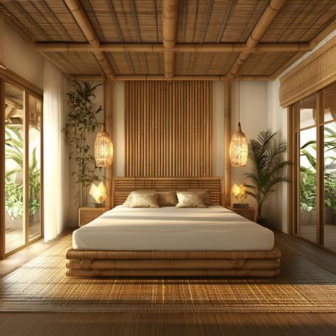 Explore the tranquility of a minimalist bamboo bedroom, featuring a sturdy bamboo bed frame, woven bamboo ceiling, and natural wicker lamps. lush greenery and large sliding doors bring in abundant light, connecting you with nature. Perfect for those who cherish eco-friendly, serene living spaces. Wicker Lamps, Building Materials Architecture, Nipa Hut, Bamboo Headboard, Bamboo Bedroom, Bamboo Bed Frame, Philippines House, Bedroom Layout Design, Bamboo Building