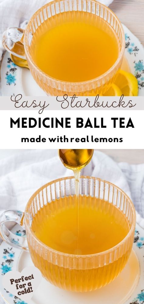 Discover the soothing benefits of homemade Medicine Ball Tea. This recipe mirrors the popular Starbucks version and uses ingredients like lemon juice and Tazo tea for that authentic taste. Perfect for cold days or when you're feeling under the weather, learn how to make Medicine Ball Tea at home with simple steps. No need for a trip to Starbucks when you can DIY this comforting brew in your own kitchen! Great for a sore throat or cold! Soar Throat Tea, Herbal Teas For Colds, Tea Brewing Chart, Best Teas For Colds, Cold Buster Tea Recipe, Tea For Allergy Relief, Best Foods For A Cold, Tea Bombshell Recipe, Tea For Colds Remedies