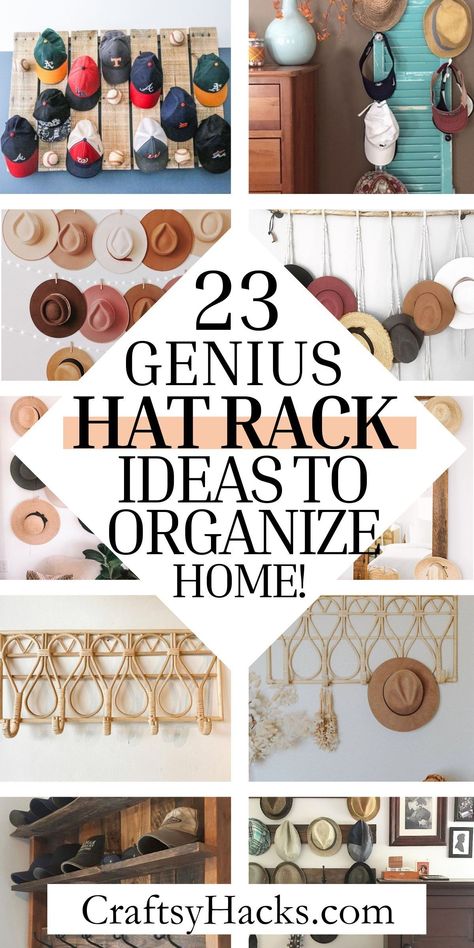 Whatever your home decor style, discover solutions to declutter and organize with these hat rack ideas. From vintage to minimalist, there are plenty of hat storage and organization ideas you will love. Storage For Caps And Hats, Men’s Hat Storage Ideas, Hat Storage Walk In Closet, Hat Storage On Wall, Baseball Cap Rack Diy Wall, Kids Hat Rack, Farmhouse Hat Rack Ideas, Boys Room Hat Storage, Fedora Hat Display Ideas