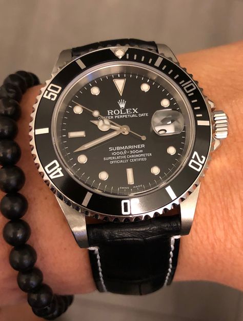 Rolex with black leather strap Most Expensive Rolex, Rolex Submariner Leather Strap, Rolex Watches Submariner, Watches Women Black, Rolex Diamond Watch, Black Rolex, Rose Gold Watches Women, Rolex Women, Rolex Watches Women