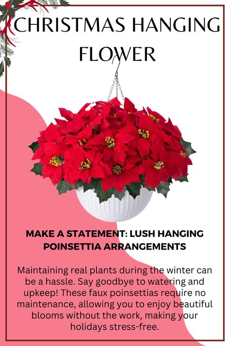 Maintaining real plants during the winter can be a hassle. Say goodbye to watering and upkeep! These faux poinsettias require no maintenance, allowing you to enjoy beautiful blooms without the work, making your holidays stress-free.

#ChristmasDecor #OutdoorDecor #Poinsettia #FauxFlowers #HangingPlants #HolidayDecor #UVResistant #NoMaintenance #WinterDecor #FestiveVibes #ArtificialPlants #HomeDecor #BalconyDecor #PatioDecor #GardenDecor #RealisticFlowers New Years Decoration, Basket For Christmas, Plants Hanging, Poinsettia Flowers, Patio Balcony, Unique Centerpieces, Plant Basket, Poinsettia Flower, Outdoor Porch