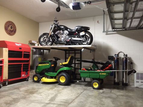 Garage Organization Motorcycle, Motorcycle Garage Ideas, Motorcycle Storage Garage, She Sheds Ideas, Motorbike Storage, Motorcycle Storage Shed, Atv Storage, Sheds Ideas, Motorcycle Storage