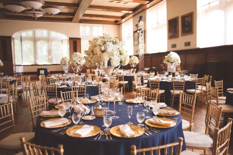 Navy And Gold Wedding, Navy Gold Wedding, Navy Blue And Gold Wedding, Gold Wedding Reception, White Floral Centerpieces, Wedding Vase Centerpieces, Blue Gold Wedding, Wedding Color Pallet, Backyard Reception