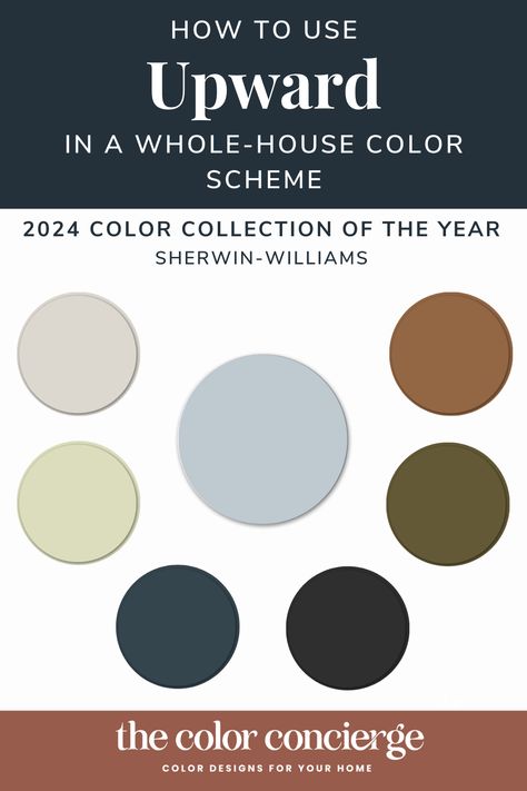 Learn all about Sherwin-Williams Upward, the 2024 Color of the Year, and the coordinating coastal paint color palette, in this color review. Upward Color Palette, Inkwell Sherwin Williams, Sherman Williams Paint, Sherwin Williams Color Schemes, Cottage Paint Colors, Light Blue Paint Colors, Coastal Paint Colors, Coastal Paint, Sherwin Williams Color Palette