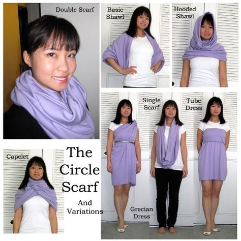 Circle Scarf and Variations, needs knit cut to stretch on width across tube Convertible Clothing, Cross Sweater, Grecian Dress, Travel Wrap, Fabric Scarf, Diy Scarf, Tube Scarf, Altering Clothes, Infinity Dress