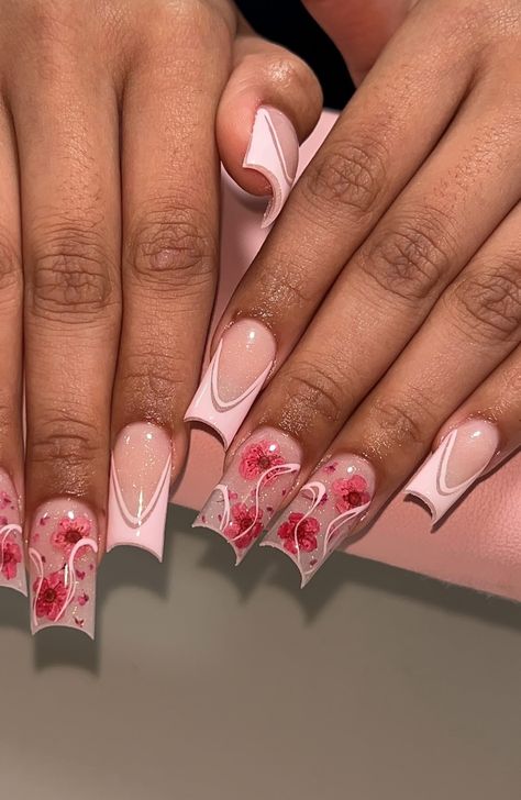 Colourful French Tip Nails, French Tip Nails With Flowers, Nails With Flowers, Medium Nails, Long Acrylic, Tip Nails, Unique Acrylic Nails, Pink Nail, Birthday Nails