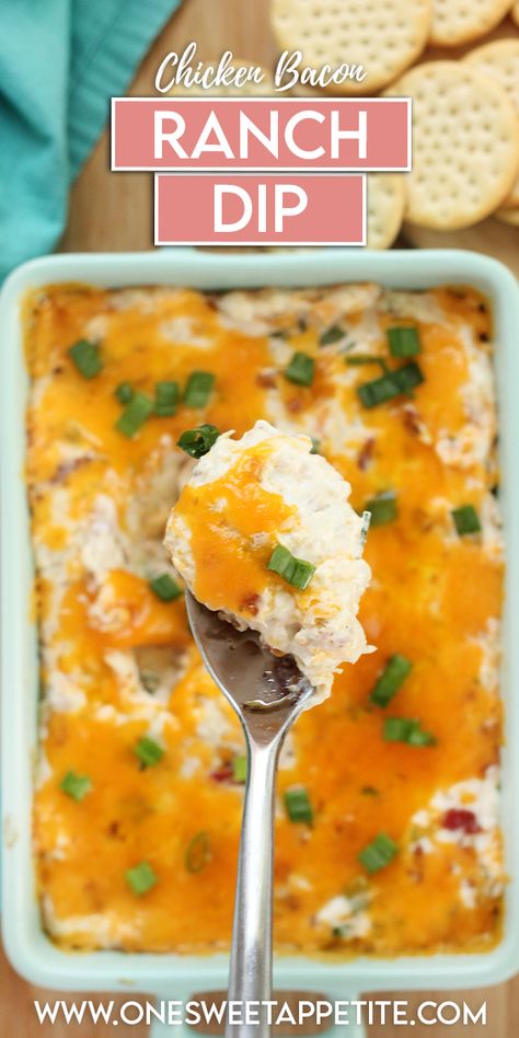 Chicken Bacon Ranch Dip Recipe Warm Chicken Dip, Chicken Bacon Ranch Dip, Oven Cooked Bacon, Bacon Ranch Dip, Ranch Dip Recipe, Homemade Appetizer, Dessert Pie Recipes, Favorite Recipes Chicken, Frozen Dessert Recipe