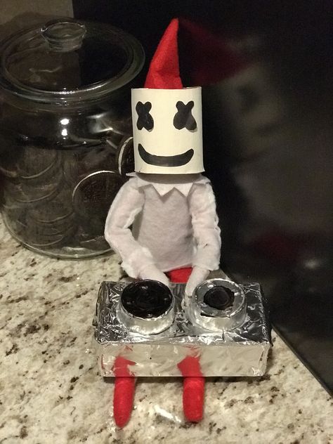 Elf On The Shelf Dj Marshmellow, Marshmallow Elf On Shelf, Elf On The Shelf Roasting Marshmallows, Marshmallow Elf On The Shelf Ideas, Marshmallow Ideas, Marshmello Dj, Elf Shenanigans, Dj Marshmello, Elf Ideas Easy