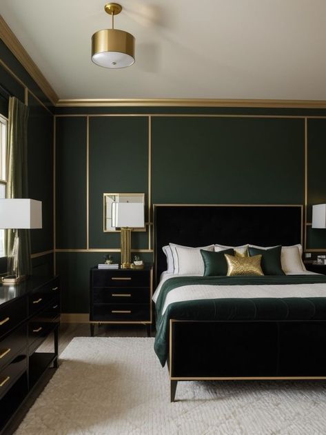 Accent Wall Black, Dark Green Accent Wall, Gold Accents Bedroom, White And Gold Bedding, Black Wallpaper Bedroom, Gold Bed Frame, Emerald Green Bedrooms, Black Gold Bedroom, Green And White Bedroom