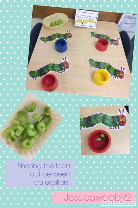 Sharing out the food between the caterpillars. EYFS  Be a bigger part of activism that is changing the world at http://www.fuzeus.com Halving Activities Eyfs, The Very Hungry Caterpillar Eyfs Tuff Tray, Growing Eyfs, Sharing Maths Activities, Crunching Munching Caterpillar Eyfs, Mini Beasts Eyfs, The Hungry Caterpillar Math Activities, The Very Hungry Catapillar Activities, Minibeasts Activities