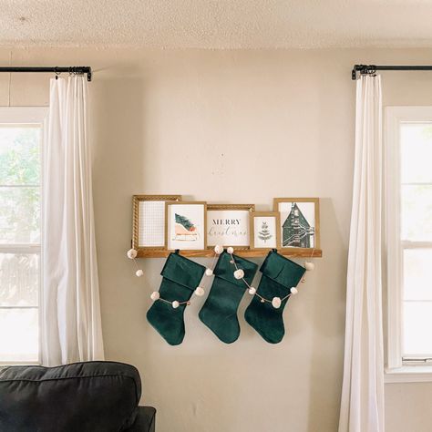 Stockings Hung Without Mantle, Christmas Stocking Without Fireplace, Christmas Stockings On Floating Shelf, Alternative Stocking Hanging Ideas, Hang Stockings No Mantle, Non Mantle Stocking Ideas, Christmas Stockings Ideas No Fireplace, Where To Put Stockings With No Fireplace, Stocking Without Fireplace