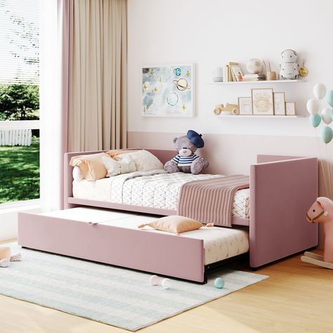 Create a flexible and inviting space with our versatile daybed. Upholstered in carefully-selected velvet in elegant gray, beige, or pink, this timeless design features a soft backrest and armrests for added coziness. Captain Bed, Pop Up Trundle, Full Size Daybed, Sofa Bed Frame, Twin Daybed With Trundle, Daybed Bedding, Kid Rooms, Upholstered Daybed, Daybed With Trundle