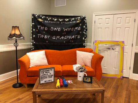 Central Perk Party Theme, Friends Themed Party, School Dance Ideas, Friends Graduation, 30th Birthday Themes, Orange Couch, Friend Graduation, Team Party, Dance Ideas