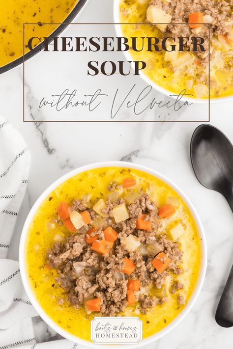 Healthy Cheeseburger Soup Low Calorie Cheeseburger Soup, Healthy Cheeseburger Soup, Soup With Bone Broth, Healthy Cheeseburger, Cheeseburger Soup Recipe, Easy Chicken Soup, Cheese Burger Soup Recipes, Butter Carrots, Homemade Bone Broth