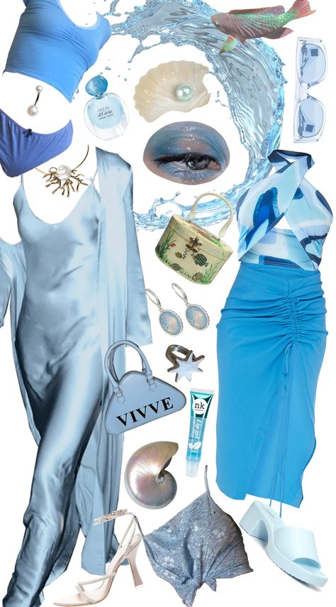 elements - water outfit ideas | #water #blue #ocean #softgirl #aesthetic Element Themed Outfits, Ocean Theme Outfit Women, Under The Sea Themed Outfit, Water Tribe Inspired Outfits, Deep Sea Outfit, Water Party Outfit, Under The Sea Outfit Ideas Women, Water Outfit Ideas, Ocean Themed Clothes