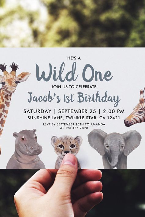 Safari Wild One Boy 1st Birthday Invitation Wild One Birthday Ideas, 1st Birthday Safari, First Birthday Wild One, Safari Wild One, Birthday Wild One, Safari Baby Animals, Wild One Birthday Invitations, Wild One Birthday, Wild One Birthday Party