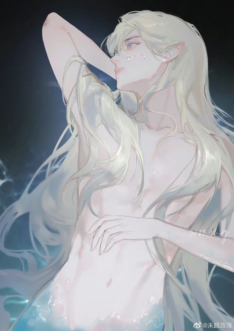 Siren Anime, Anime Merman, Mermaid Boy, Long White Hair, Mermaid Drawings, Mermaids And Mermen, Mermaid Art, Human Art, Ethereal Art