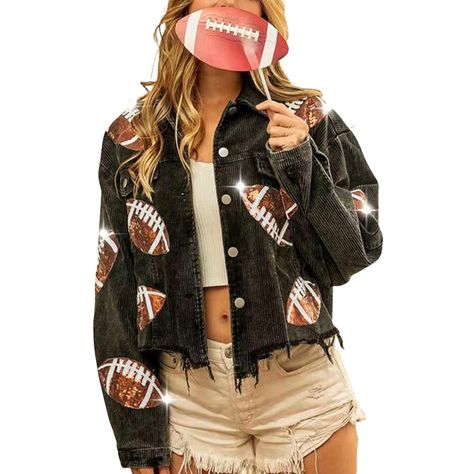 Women's Cropped Corduroy Jacket Football Sequin Patched Short Button Raw Hem Jacket Coat Elegant Pattern, Turndown Collar, Corduroy Jacket, Style Elegant, Rugby, Sequin, Football, Collar, Long Sleeve