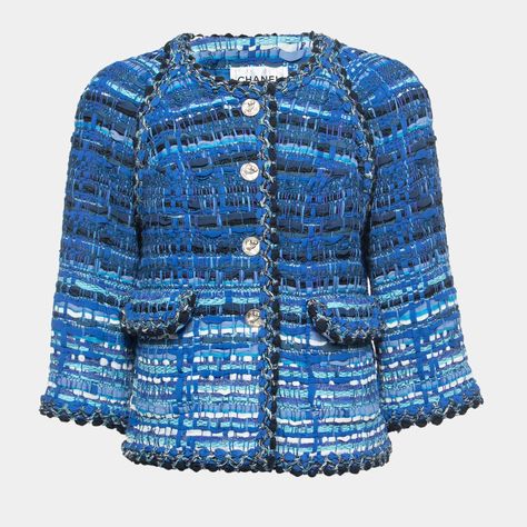 Chanel Tweed Jacket, Chanel Style Jacket, Chanel Tweed, Chanel Outfit, Blue Tweed, Chanel Jacket, Tweed Fabric, Jacket Buttons, Blue Ribbon