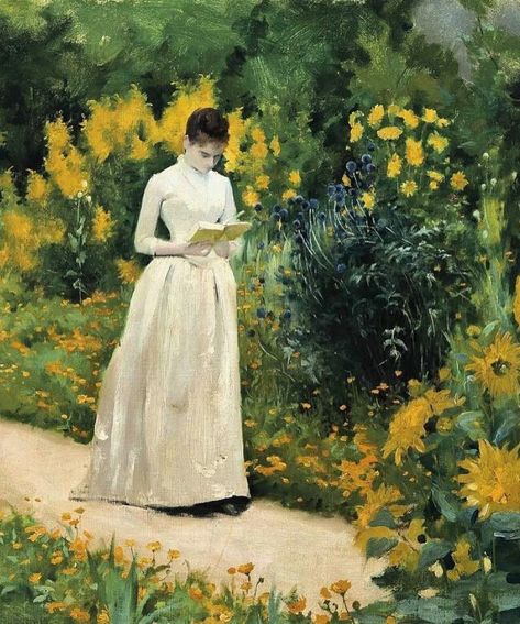 "Reading on the Garden Path" - Albert Aublet, 1883 #paintingsdaily Albert Aublet, Reading Garden, Alfred Stevens, Painting A Day, France Art, Garden Path, Dangerous Woman, Girl Reading, Garden Paths