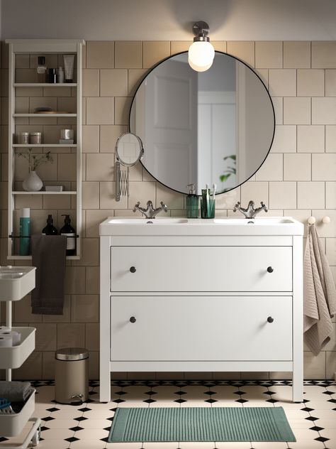 HEMNES bathroom series - IKEA Hemnes Bathroom Vanity, Ikea Hemnes Bathroom, Hemnes Bathroom, Ikea Bathroom Vanity, Wood Floor Bathroom, Bathroom Planner, Ikea Bathroom, Ikea Hemnes, Black And White Tiles