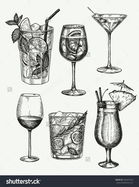 Cocktails Vector, Food Illustration Art, Black And White Sketches, Cat Vector, Hand Drawn Vector Illustrations, Dog Vector, Vector Sketch, Vector Pop, Drawing Set