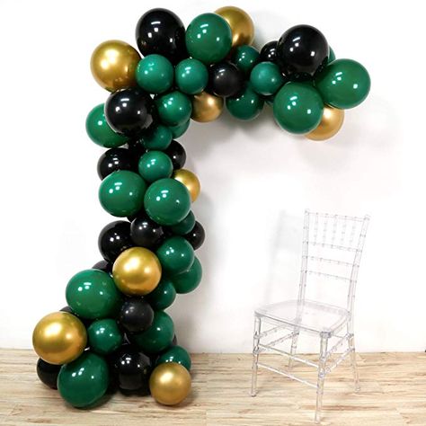 Green Decorations For Birthday, Emerald Green Backdrop With Balloons, Green Black Gold Balloon Garland, Green And Black Birthday Decorations, Green Black And Gold Birthday Decor, Black And Green Birthday Decor, Emerald Green Gold And Black Party Decor, Green Graduation Party Ideas, Green Balloon Decorations