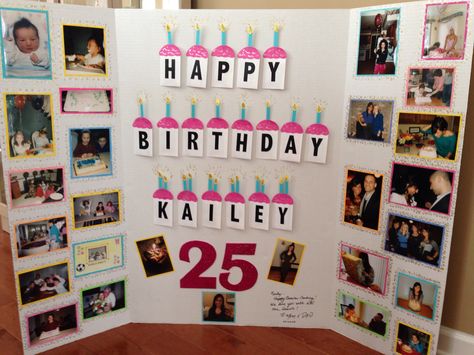 This is something I made to surprise my daughter on a special birthday. I used a tri-fold poster board, attached photos of past birthdays, and for the "cupcakes" I used credit card size envelopes. Each envelope contains either cash or a gift card to one of her favorite places. She loved it!! Poster Board Birthday Card, Poster Board Gift Ideas, Happy Birthday Diy Poster, Birthday Card Ideas With Pictures, Birthday Poster For Best Friend, Picture Poster Board Ideas Birthday, Best Friend Birthday Gift Ideas Poster Board With Pictures, Picture Poster Board Ideas Boyfriend, Birthday Poster Ideas For Boyfriend