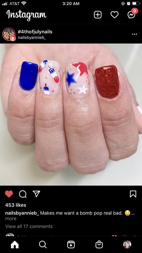 4th Of July Nails Popsicle, 4th Of July Ice Cream Nails, Red White And Blue Toe Nails, Bomb Pop Nail Art, Nail Trends Spring, Spring Nails Simple, Patriotic Nail Designs, Nail Colors Spring, Easy Nail Art Tutorial