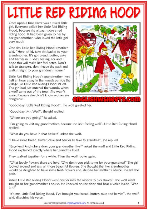 Little Red Riding Hood ESL Reading Text Worksheet For Kids Red Riding Hood Story, Stories With Moral Lessons, Fables For Kids, English Moral Stories, Esl Reading, Short Moral Stories, English Stories For Kids, English Short Stories, Reading Comprehension Lessons